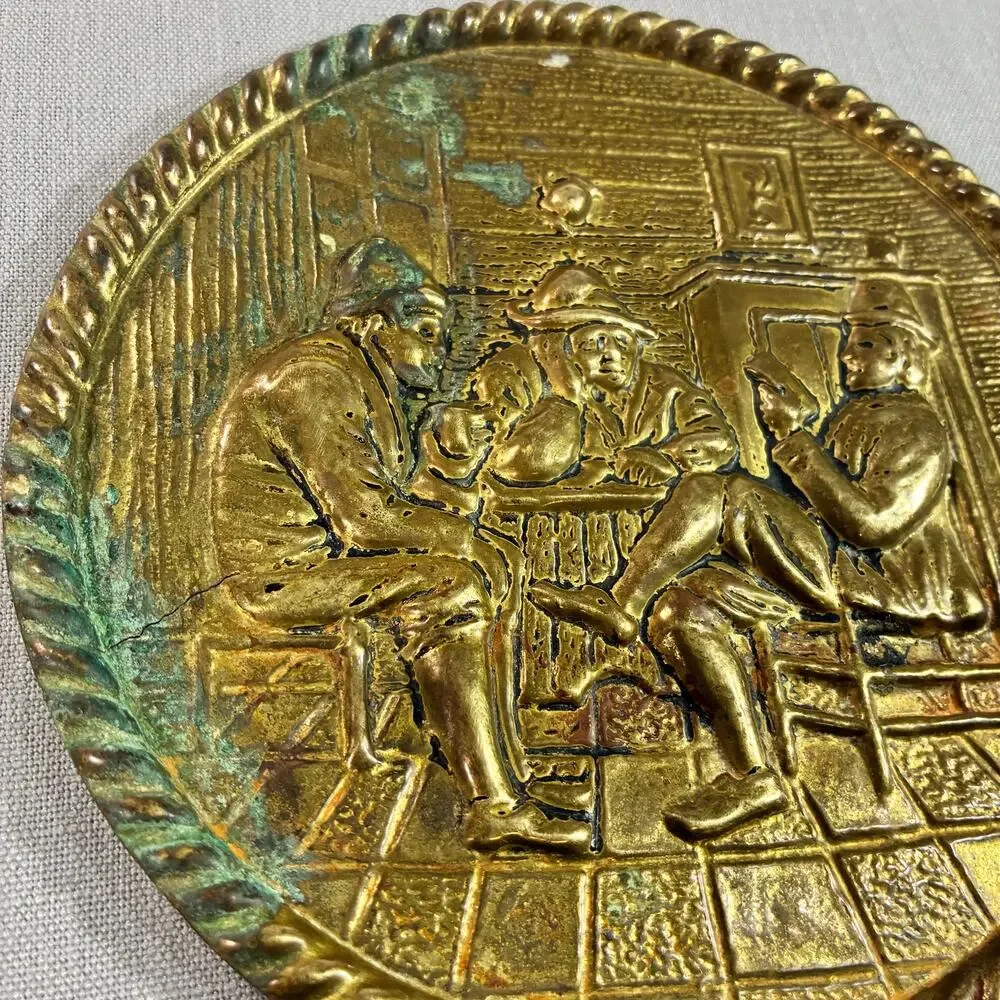 Vintage Embossed Brass Dutch Tavern Scene Wall Plaque 6.5” Folk Art Decor